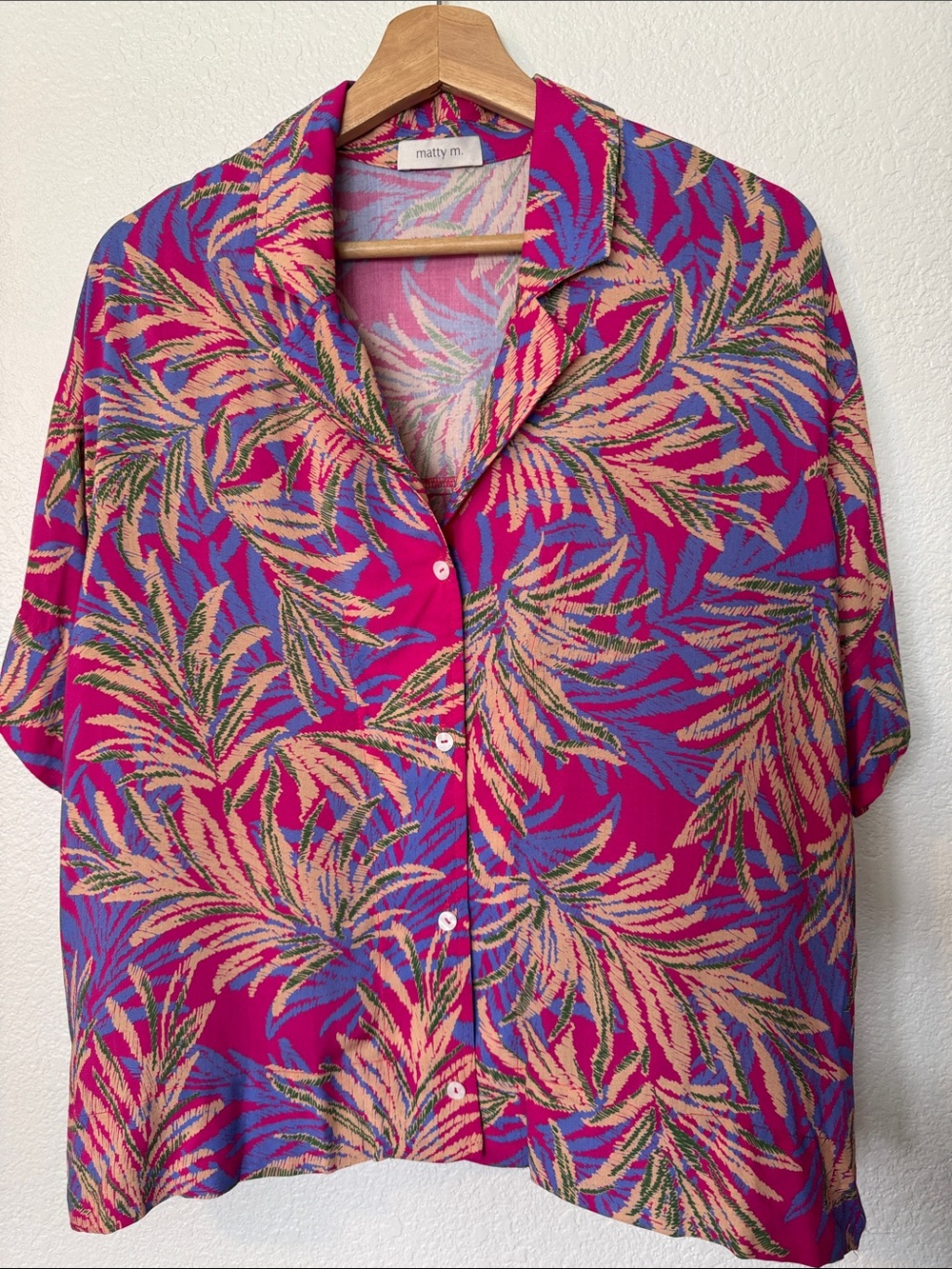 Matty M Fuchsia Tropical Leaf Print Button-Front Top